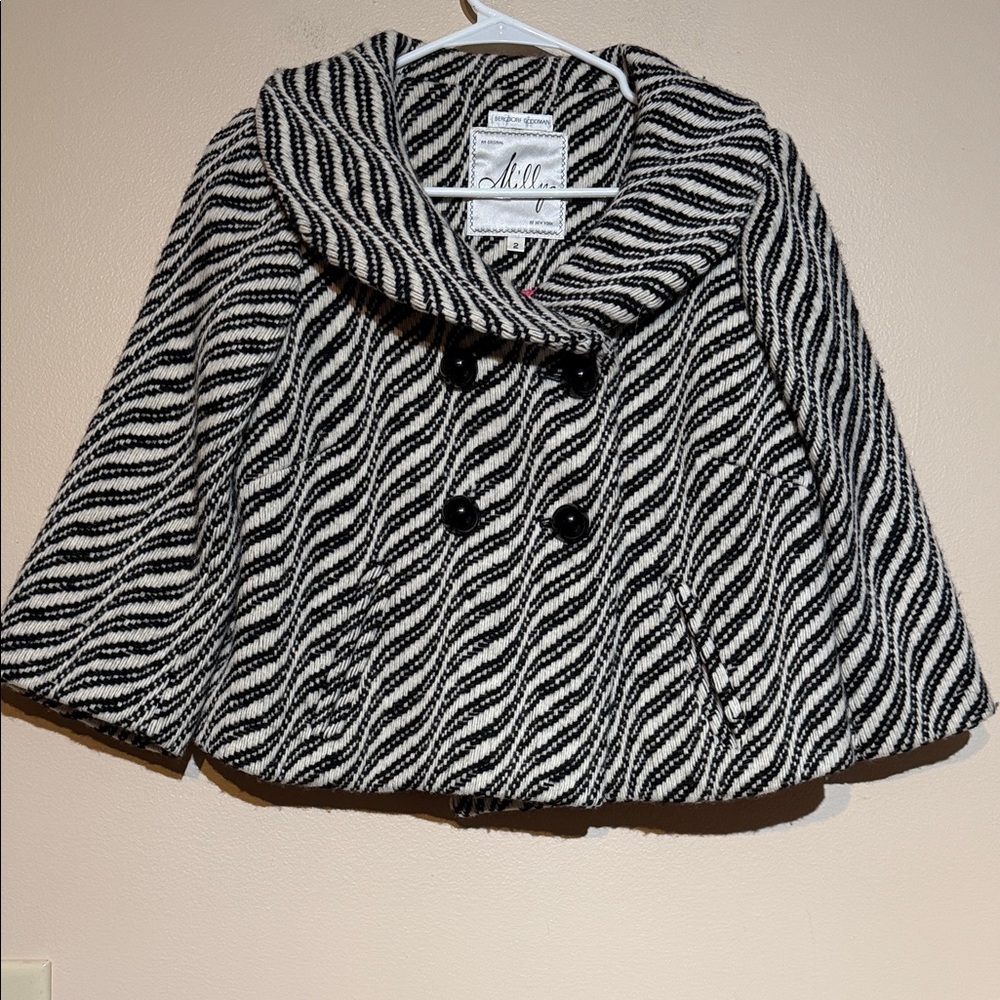 Milly Black & Ivory Wave-Pattern wool Toggle Coat